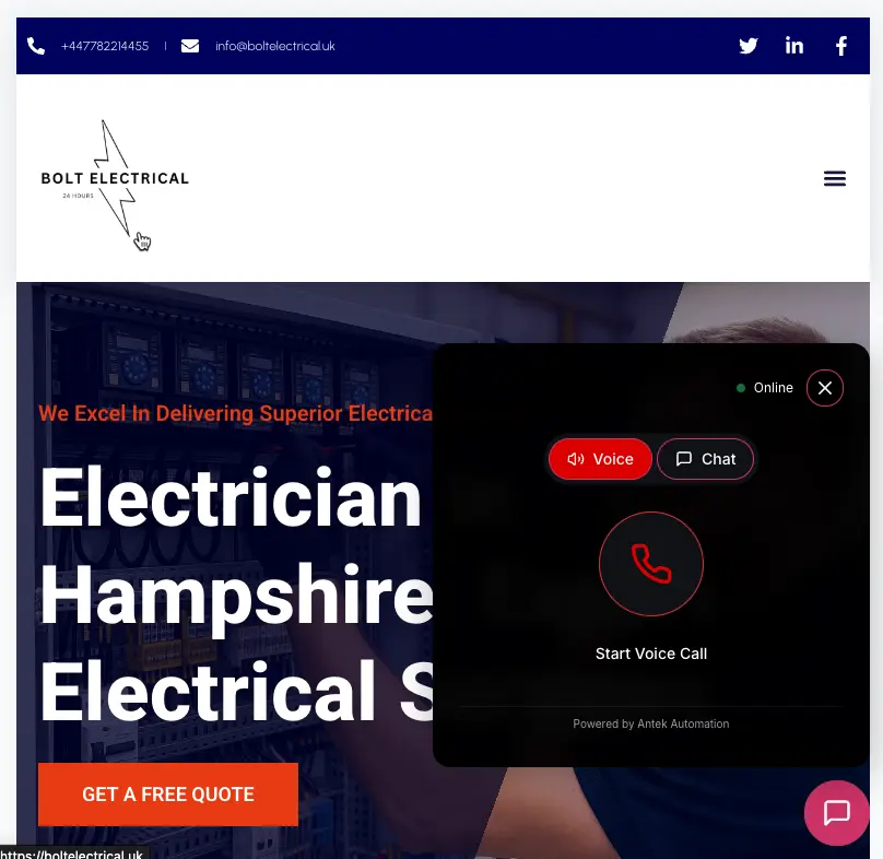 Live AI chatbot widget showing voice and chat tabs